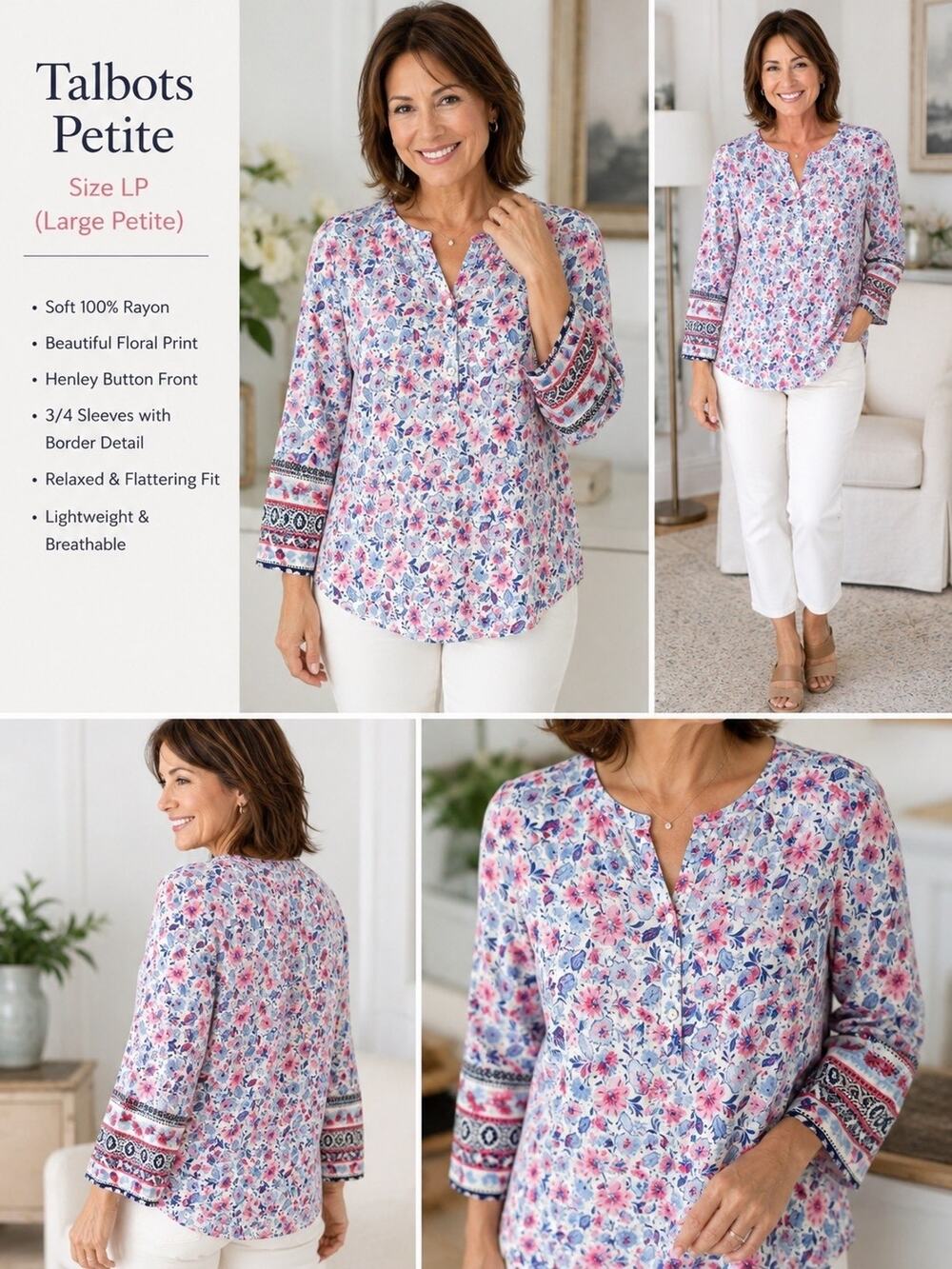 Talbots Petite Floral Rayon Blouse LP Pink Blue Boho Sleeve Detail